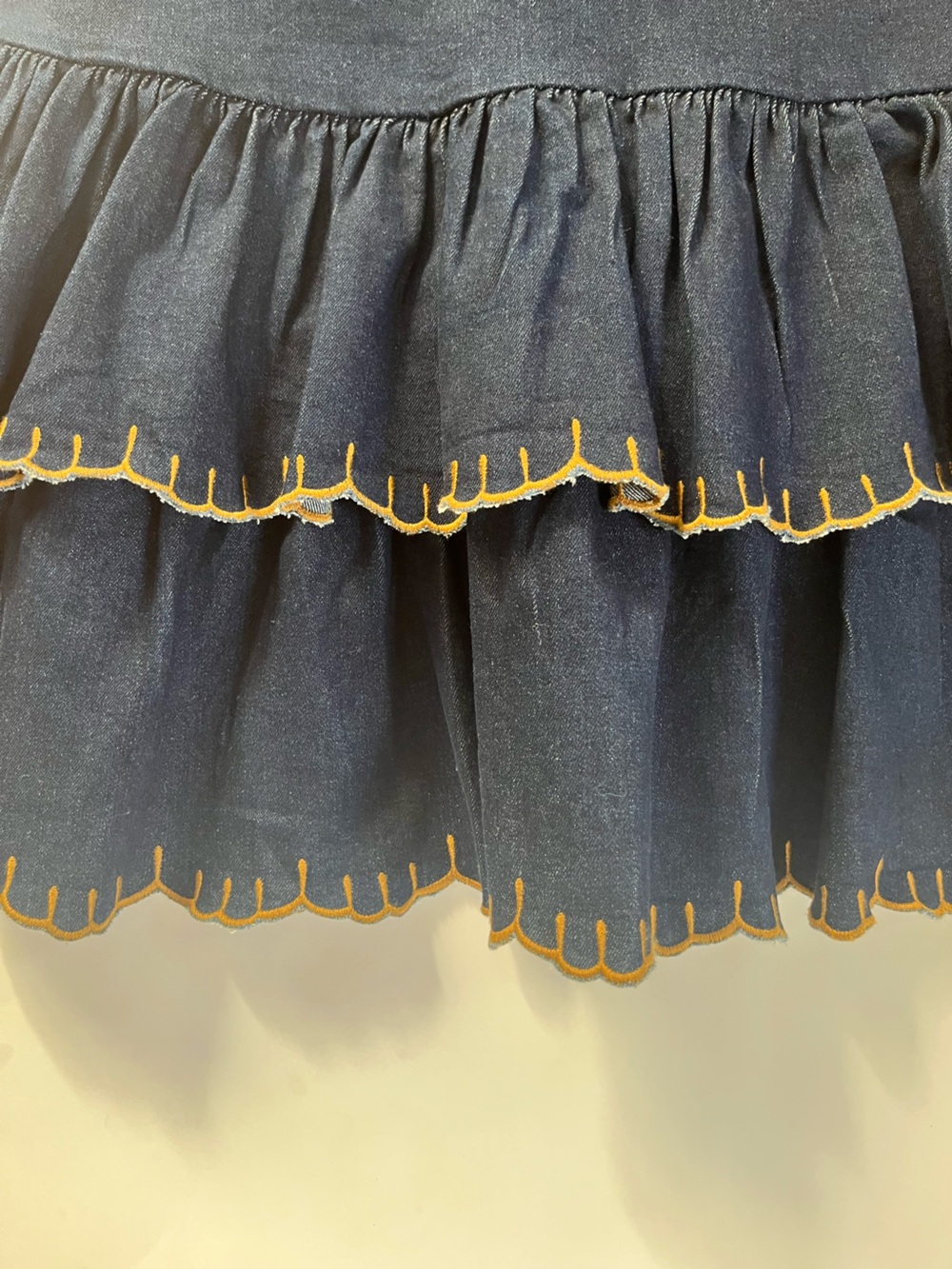 En Saison Boho Contrast Stitched Ruffle Tiered Flouncy Denim Festival Mini Dress - Picture 6 of 11
